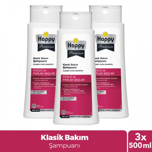 Happy Premium Güçlü Parlak Saçlar Klasik Bakım Şampuanı 500ml x 3 Adet