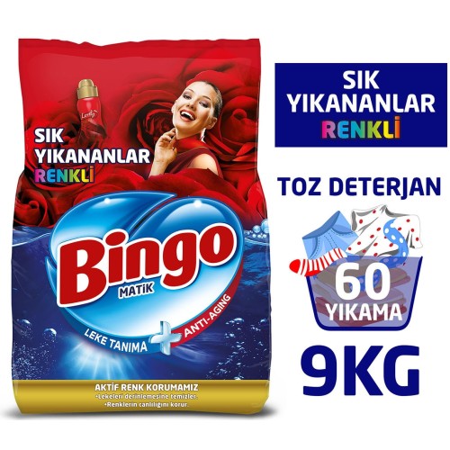 Bingo Toz Çamaşır Deterjanı Sık Yıkananlar Renkli 9 kg Bingo Toz Çamaşır Deterjanı Sık Yıkananlar Renkli 9 kg