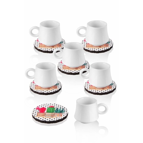 Queen's Kitchen 6 Kişilik Kaktüs Tabaklı Türk Kahvesi Takımı-Beyaz