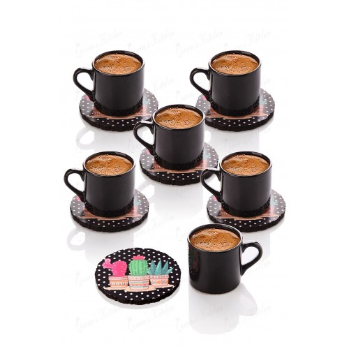 Queen's Kitchen 6 Kişilik Kaktüs Tabaklı Türk Kahvesi Takımı-Siyah