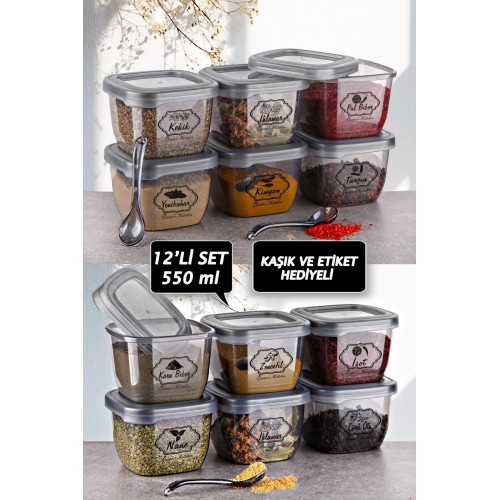 Queen's Kitchen 12 Adet 550ml Kaşıklı ve Etiketli Saklama&Baharat Kabı