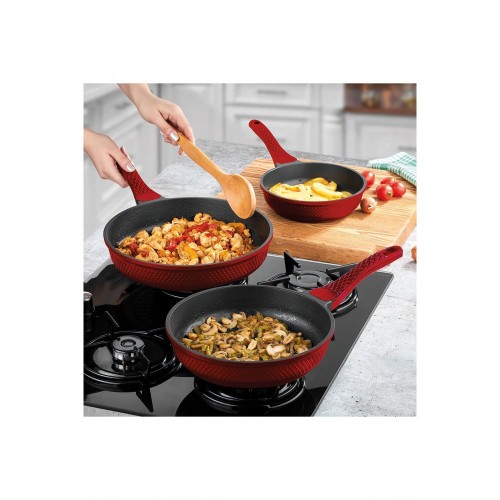 Amboss Kuvars 3 Parça Kırmızı 20+24+28 cm Döküm Tava Seti