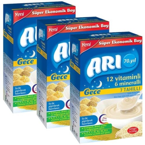 Arı Mama Sütlü 7 Tahıllı (Gece) Sütlü Pirinç Unu 500 gr x 3 Adet