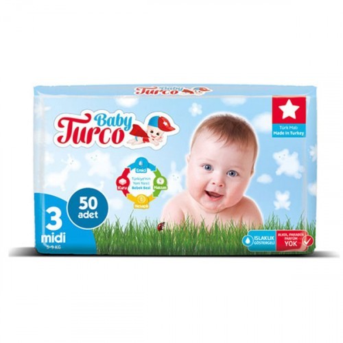 Baby Turco Bebek Bezi 3 Beden Midi  50 li