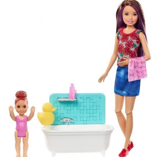 Barbie Bebek Bakıcılığı Oyun Seti Mor Saçlı Küvetli FXH05
