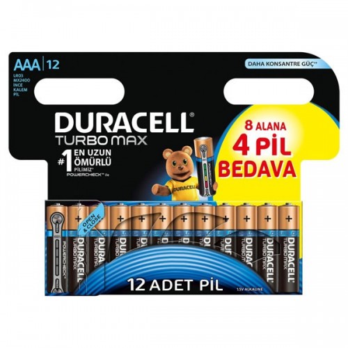 Duracell Turbo Max AAA İnce Kalem Pil 8+4 Adet (12'li Paket)