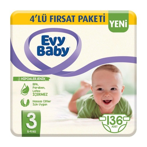 Evy Baby Bebek Bezi 3 Beden Midi 4 lü Fırsat Paketi 136 Adet