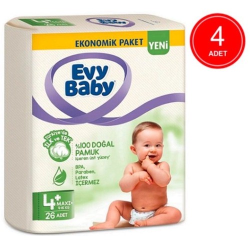 Evy Baby Bebek Bezi 4+ Beden Maxiplus 4 lü Fırsat Paketi 104 Adet
