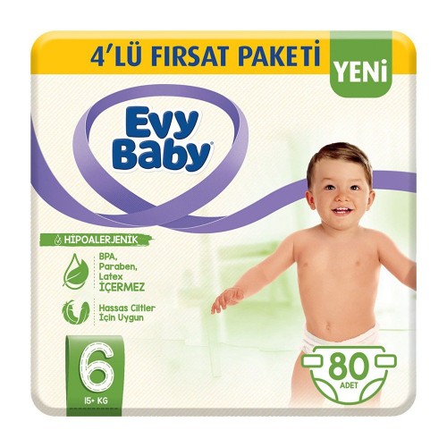 Evy Baby Bebek Bezi 6 Beden Ekstra Large 4 lü Fırsat Paketi 80 Adet
