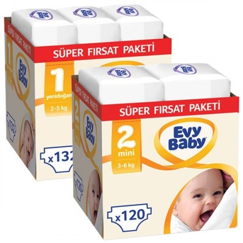 Evy Baby Bebek Bezi Yenidoğan 1 Beden 132 Adet + 2 Beden 120 Adet