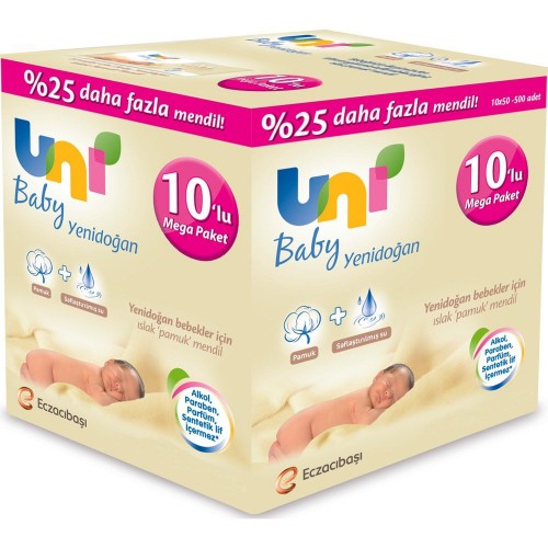 Uni Baby Yenidoğan Islak Havlu 50 li 10 lu Paket (500 Yaprak)