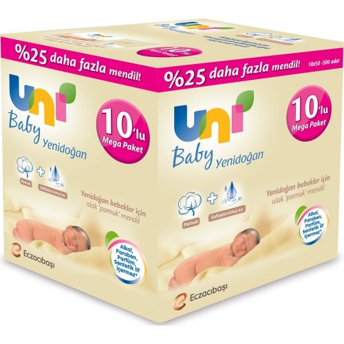 Uni Baby Yenidoğan Islak Havlu 50 li 10 lu Paket (500 Yaprak)