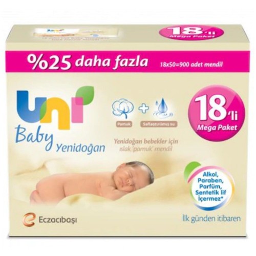 Uni Baby Yenidoğan Islak Mendil 50 Yaprak 18 li Paket (900 Yaprak)
