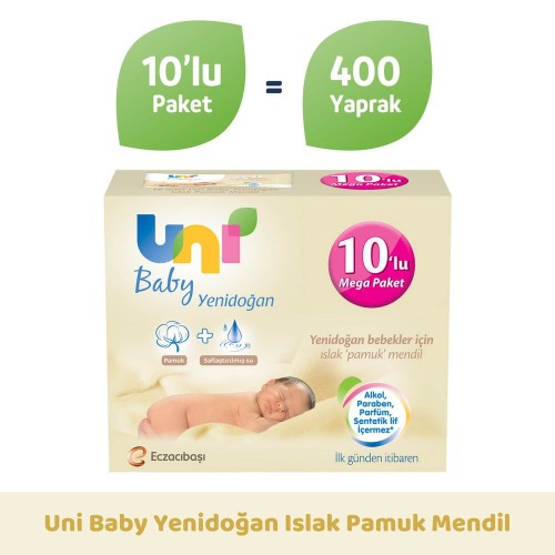 Uni Baby Yenidoğan Islak Pamuk Mendil 10 lu (400 yaprak)