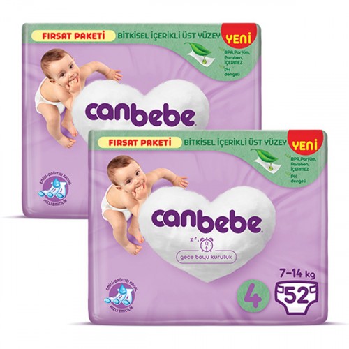Canbebe Bebek Bezi Fırsat Paketi 4 Beden Maxi (7-14 Kg) 52 li x 2 Adet