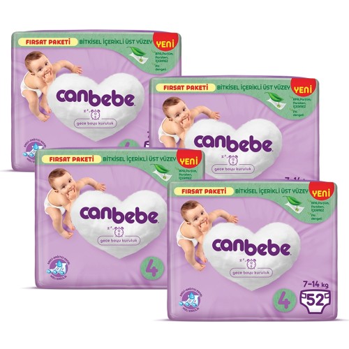 Canbebe Bebek Bezi Fırsat Paketi 4 Beden Maxi (7-14 Kg) 52 li x 4 Adet