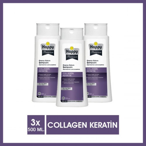 Happy Premium Collagen Keratin Onarıcı Bakım Şampuanı 500 ml x 3 Adet