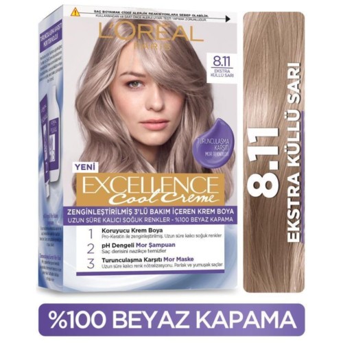 Loreal Paris Excellence Cool Creme 8.11 Ekstra Küllü Sarı Saç Boyası Loreal Paris Excellence Cool Creme 8.11 Ekstra Küllü Sarı Saç Boyası