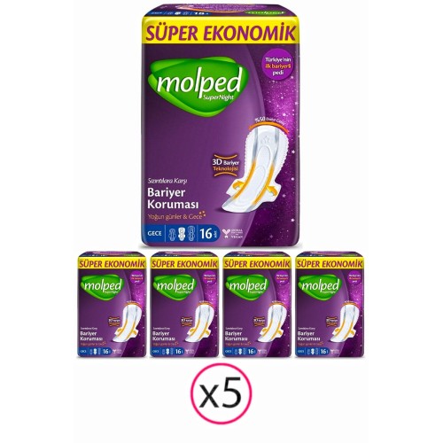 Molped Supernight Hijyenik Ped Gece 16 lı x 5 Adet