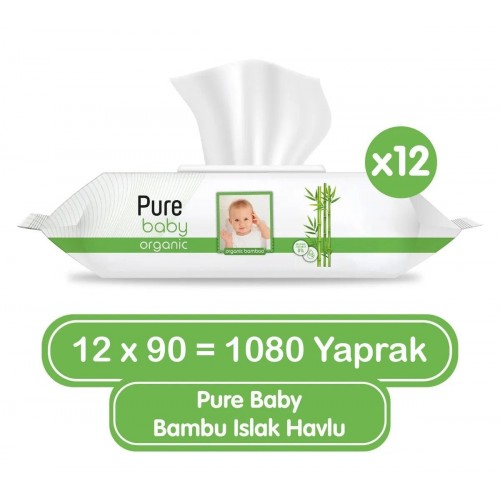 Pure Baby Organik Bambu Özlü Islak Havlu 90 lı x 12 Adet
