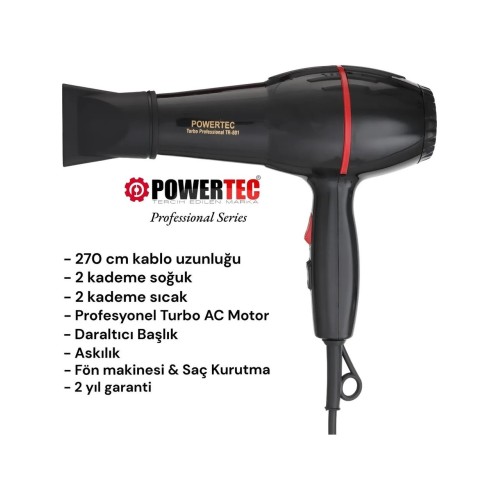 Powertec TR-801 Profesyonel Saç Kurutma & Fön Makinesi - Siyah Powertec TR-801 Profesyonel Saç Kurutma & Fön Makinesi - Siyah