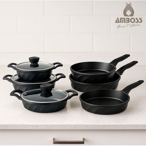 Amboss Vento 9 Parça Döküm Tava Sahan Seti (Siyah)