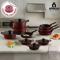 Amboss 16 Parça Vento Döküm Tencere Tava Sahan Seti (Kırmızı)