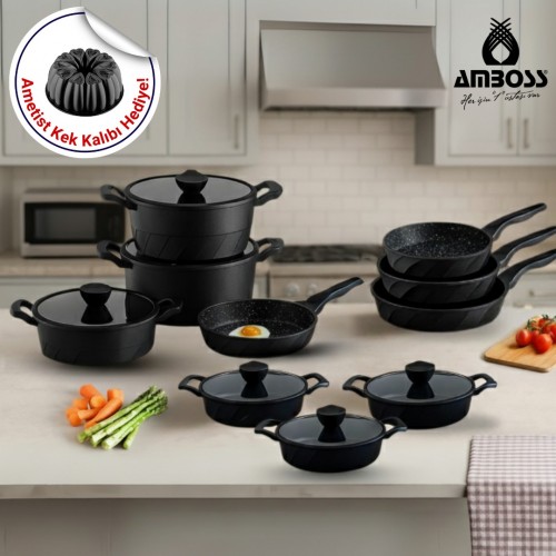 Amboss Vento 16 Parça Döküm Tencere Tava Sahan Seti (Siyah)