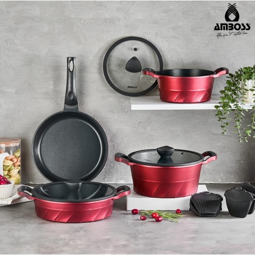 Amboss Vento 7 Parça Döküm Titanyum Kaplama Tencere Tava Seti Kırmızı