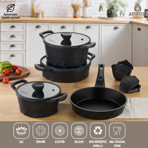 Amboss Vento 7 Parça Döküm Titanyum Kaplama Tencere Tava Seti Siyah