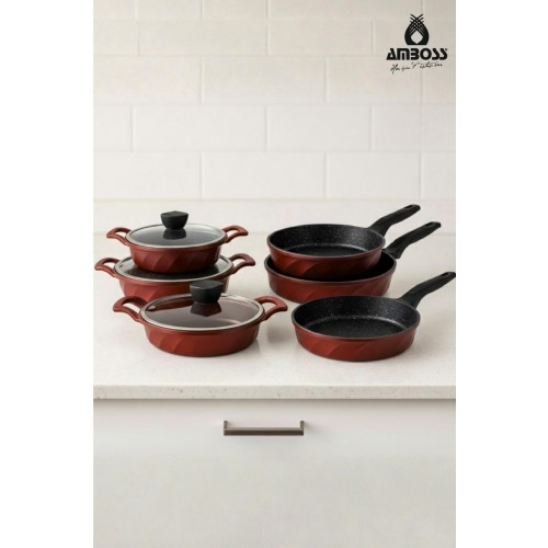 Amboss Vento 9 Parça Döküm Tava Sahan Seti (Kırmızı)