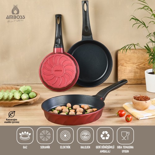 Amboss Vento Döküm Titanyum Kaplama 3 Parça Tava Seti - Kırmızı