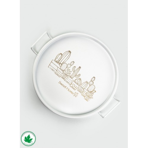 Lin Metal 24cm Yuvarlak Tel Kulplu Tepsi Kaktüs Baskılı - Beyaz