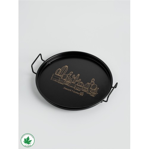 Lin Metal 24cm Yuvarlak Tel Kulplu Tepsi Kaktüs Baskılı - Siyah