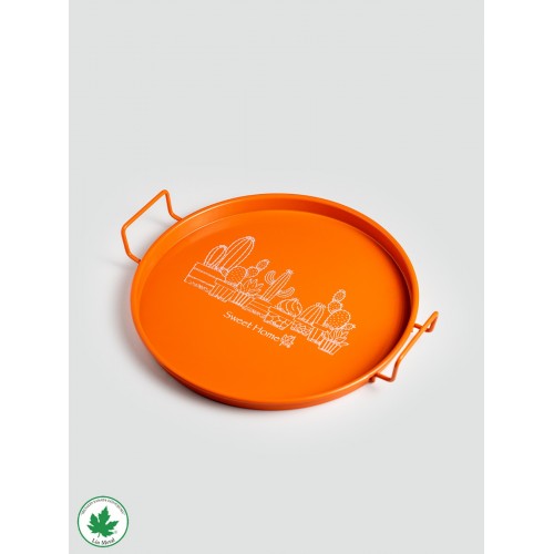 Lin Metal 24cm Yuvarlak Tel Kulplu Tepsi Kaktüs Baskılı - Turuncu