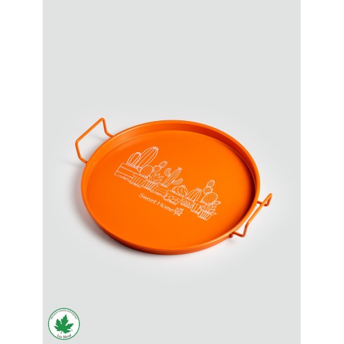 Lin Metal 24cm Yuvarlak Tel Kulplu Tepsi Kaktüs Baskılı - Turuncu