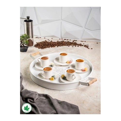 Lin Metal 37cm Yuvarlak Tepsi Ahşap Kulplu Kaktüs Baskılı - Beyaz