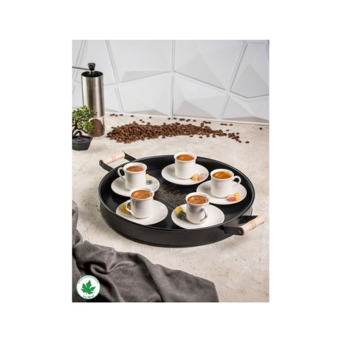 Lin Metal 37cm Yuvarlak Tepsi Ahşap Kulplu Kaktüs Baskılı - Siyah