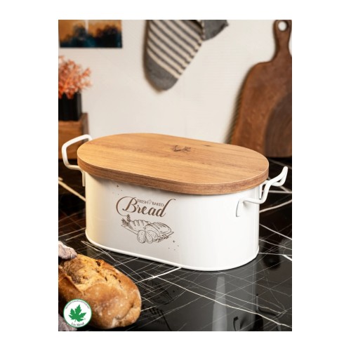 Lin Metal Ahşap Kapaklı Tel Kulplu Metal Ekmeklik - Beyaz