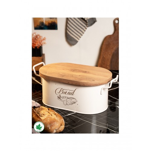 Lin Metal Ahşap Kapaklı Tel Kulplu Metal Ekmeklik - Krem