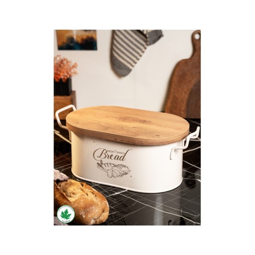 Lin Metal Ahşap Kapaklı Tel Kulplu Metal Ekmeklik - Krem