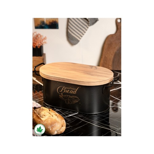 Lin Metal Ahşap Kapaklı Tel Kulplu Metal Ekmeklik - Siyah