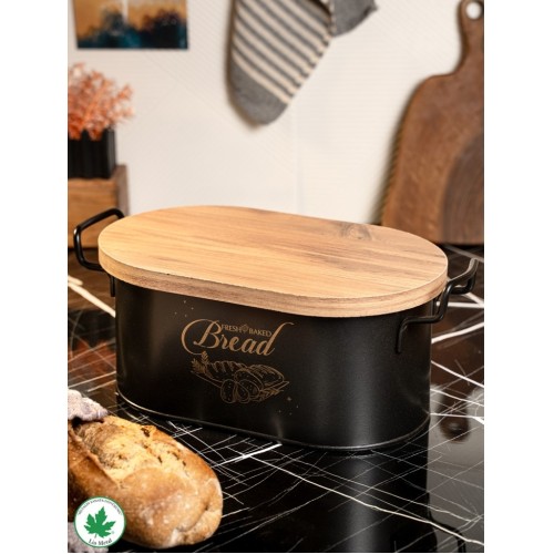 Metal Tahtalı Ekmeklik Kapaklı Lüx Metal Ekmek Kovası Siyah