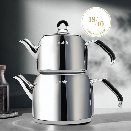 Nehir Modern Midi Orta Boy 1-2 Lt. Paslanmaz Çelik Çaydanlık Takımı