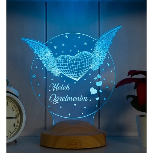 Öğretmen Hediyesi Melek Kanatlı Kalp, 3D Melek Öğretmenim Hediyesi Led