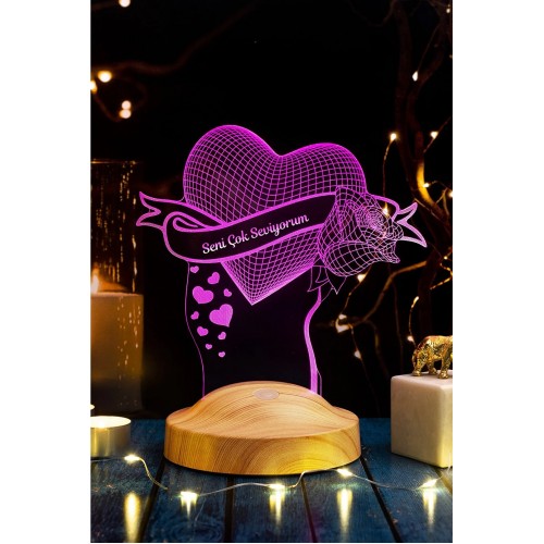 Sevgiliye Hediye Gül ve Kalp 3 Boyutlu Led Gece Lambası