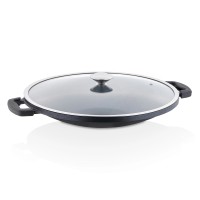 Taç Granit Döküm Cam Kapaklı Sac Kavurma ve Gözleme Tavası 34 cm Siyah