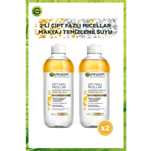 Garnier Çift Fazlı Micellar Kusursuz Makyaj Temizleme Suyu 400 ml x 2Adet Garnier Çift Fazlı Micellar Kusursuz Makyaj Temizleme Suyu 400 ml x 2Adet