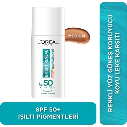 Loreal Paris Bright Reveal Spf 50 Leke Karşıtı Fluid Medium Günlük Yüz Güneş Kremi 50 ml