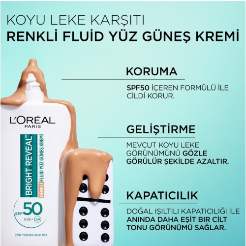 Loreal Paris Bright Reveal Spf 50 Leke Karşıtı Fluid Medium Günlük Yüz Güneş Kremi 50 ml